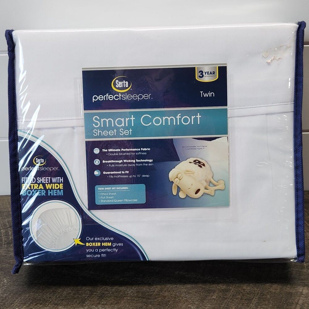 SERTA 3 Piece Twin Sheet Set White Smart Comfort Wicking